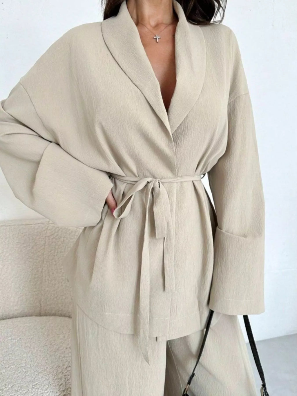 Women's Tie-Waist Top and Textured Wide-Leg Pants Set