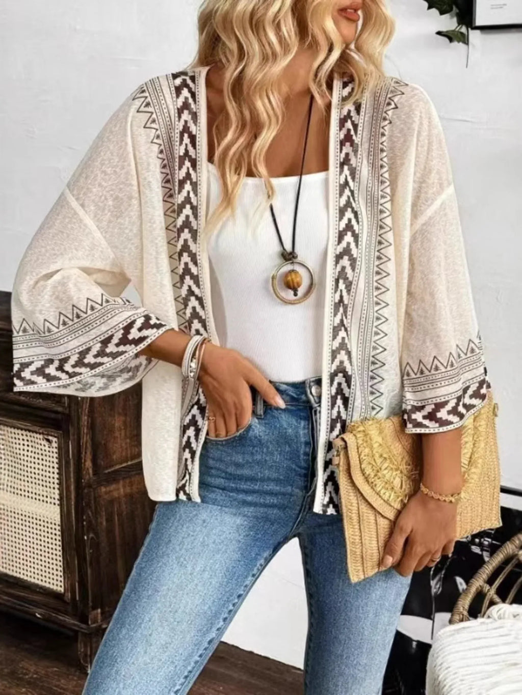 Women's Open Front Kimono Cardigan Lightweight Boho Summer Jacket - Khaki