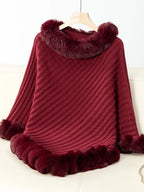 Women's 3/4 Sleeve Poncho with Faux Fur Trim Textured Cape - Burgundy