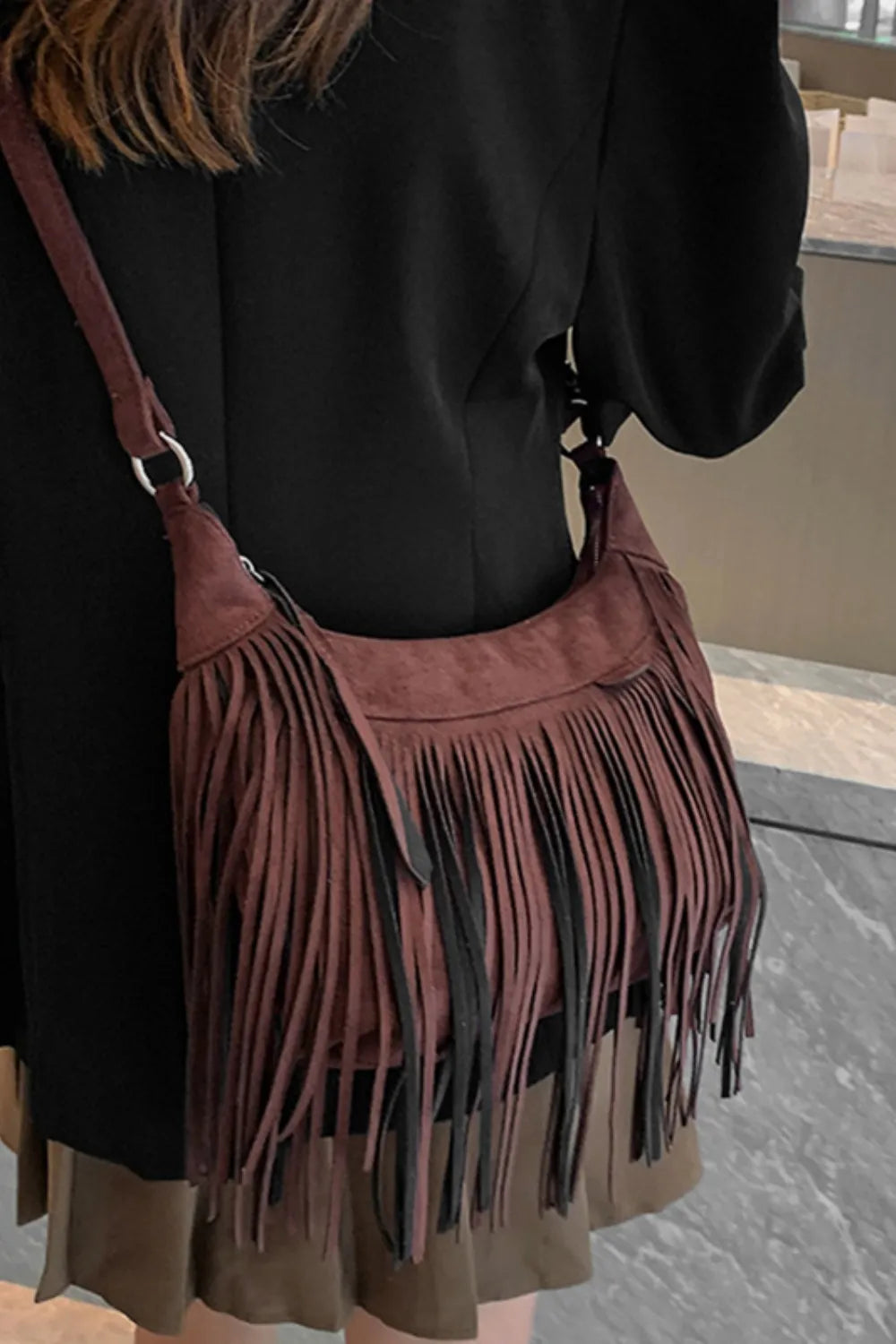 Women's Suede Fringe Shoulder Bag with Adjustable Strap