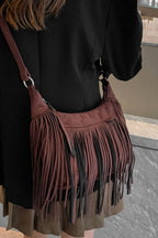 Women's Suede Fringe Shoulder Bag with Adjustable Strap