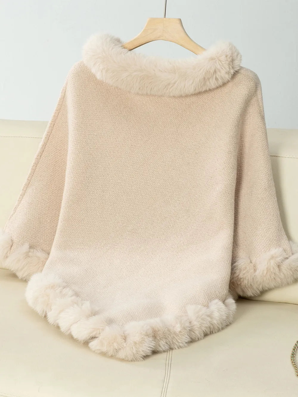 Women's 3/4 Sleeve Poncho with Faux Fur Trim Textured Cape