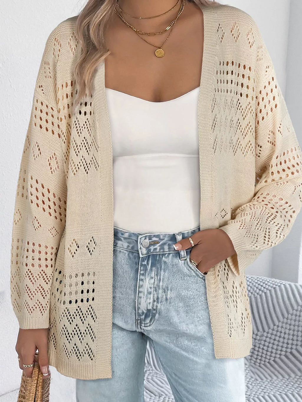 Women's Open-Knit Cardigan Lightweight Boho Summer Knit - Beige