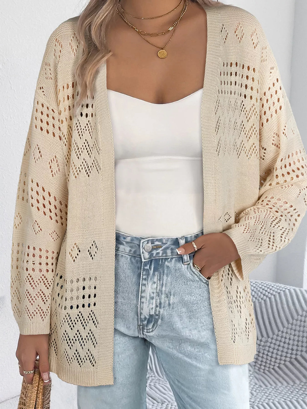 Women's Open-Knit Cardigan Lightweight Boho Summer Knit - Beige