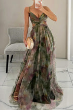 Women's Fitted Mesh Wedding Guest Maxi Dress with Thin Straps - Green
