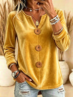 Women's Elegant Velvet V-Neck Top - Yellow