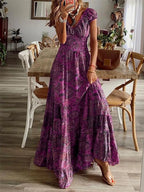 Women's Plus Size Short Sleeve V-Neck Printed Dress with Ruched Detail - Dark Purple