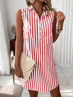 Women's Sleeveless Striped Shirt Dress with Button Detail - Wine Red