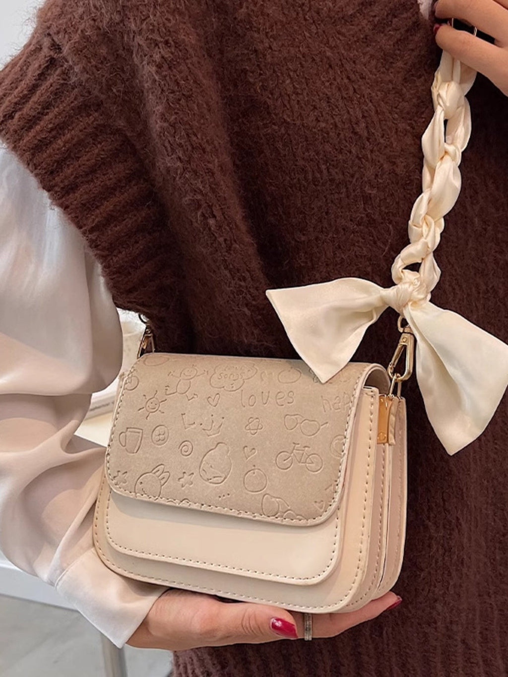 Women's Color Block Flap Crossbody Bag - Beige