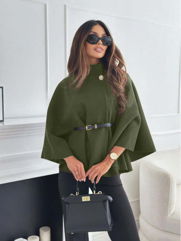 Women's Turtleneck Wool Poncho with Belt - Army Green