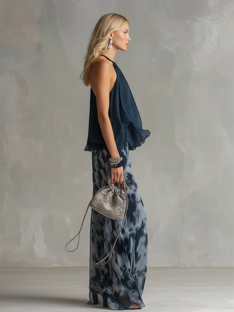 Women's Two-Piece Wedding Guest Set Ruffle Halter Top and Wide-Leg Pants