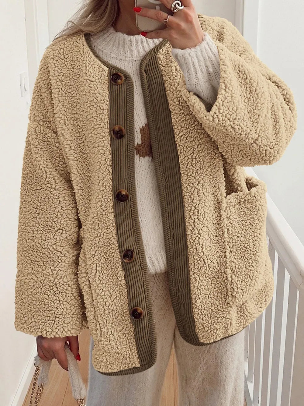 Women's Two-Tone Sherpa Button-Up Jacket with Pockets - Tan