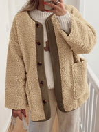 Women's Two-Tone Sherpa Button-Up Jacket with Pockets - Tan