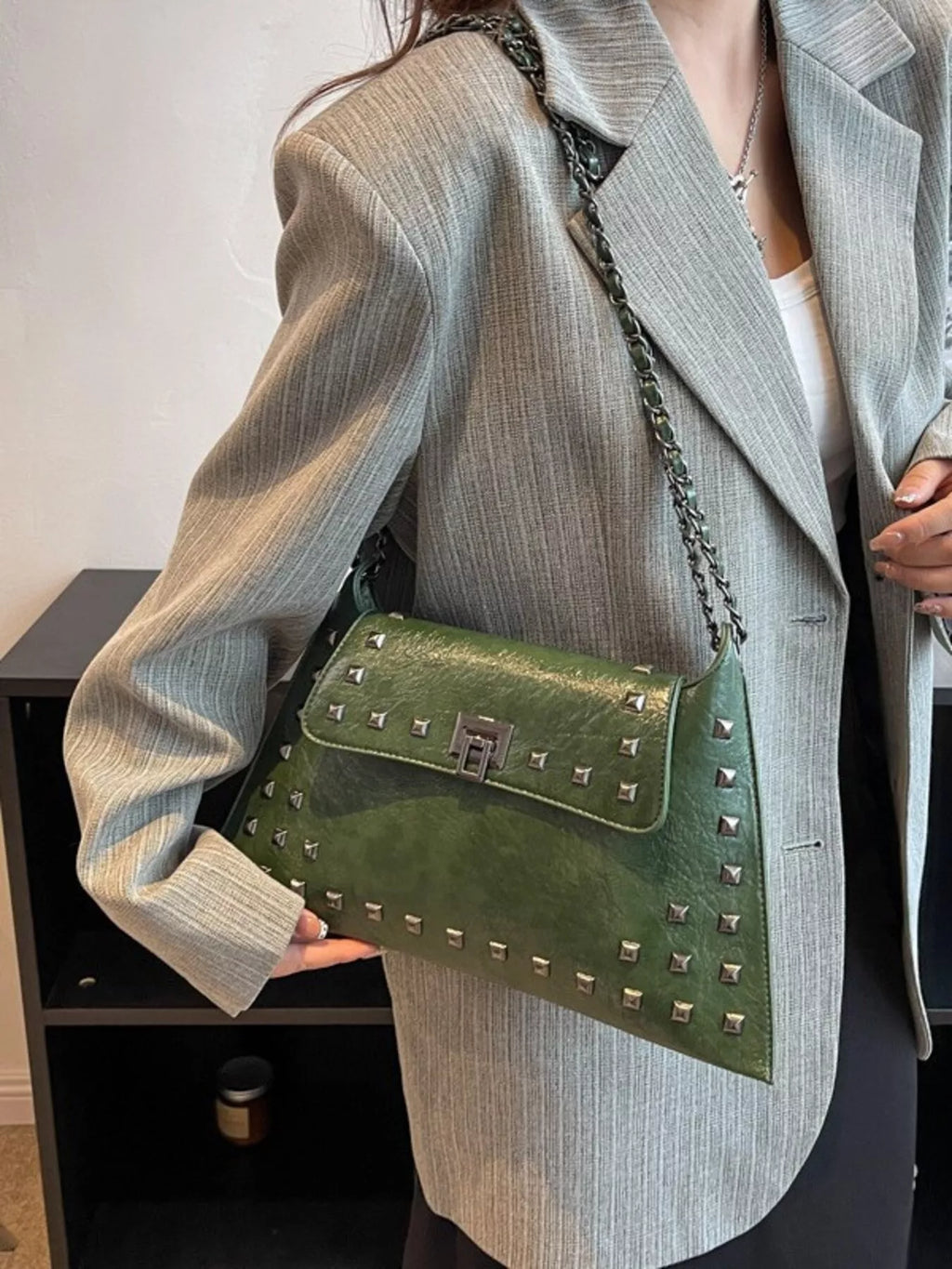 Women's Studded Flap Shoulder Bag with Chain