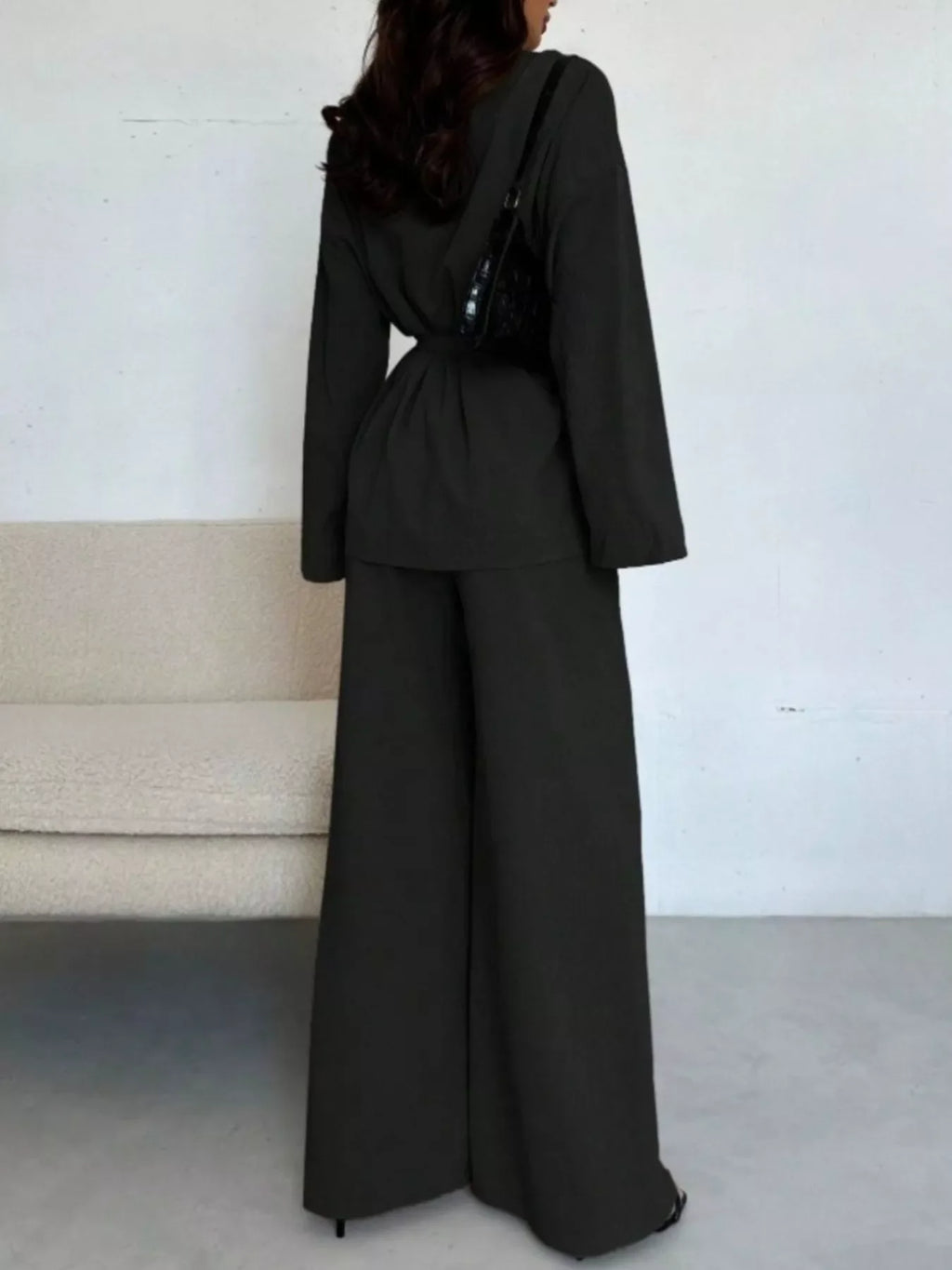 Women's Tie-Waist Top and Textured Wide-Leg Pants Set