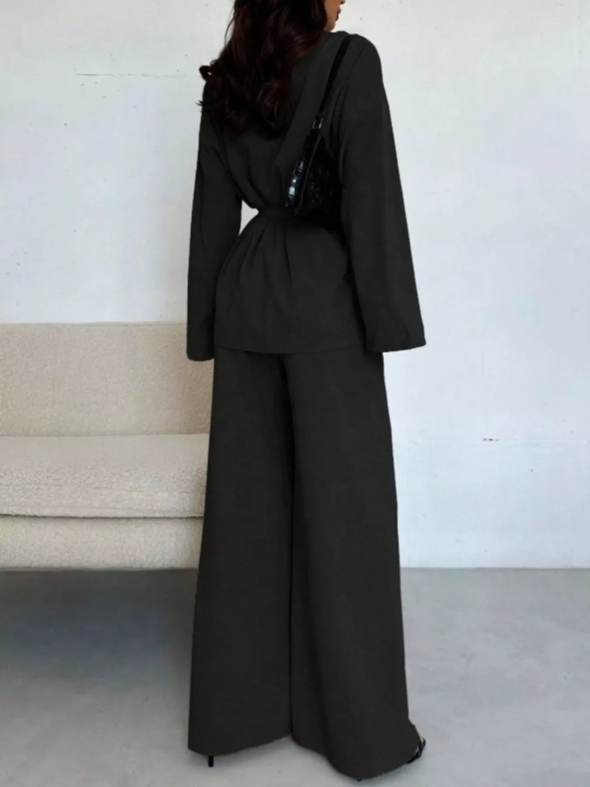 Women's Tie-Waist Top and Textured Wide-Leg Pants Set