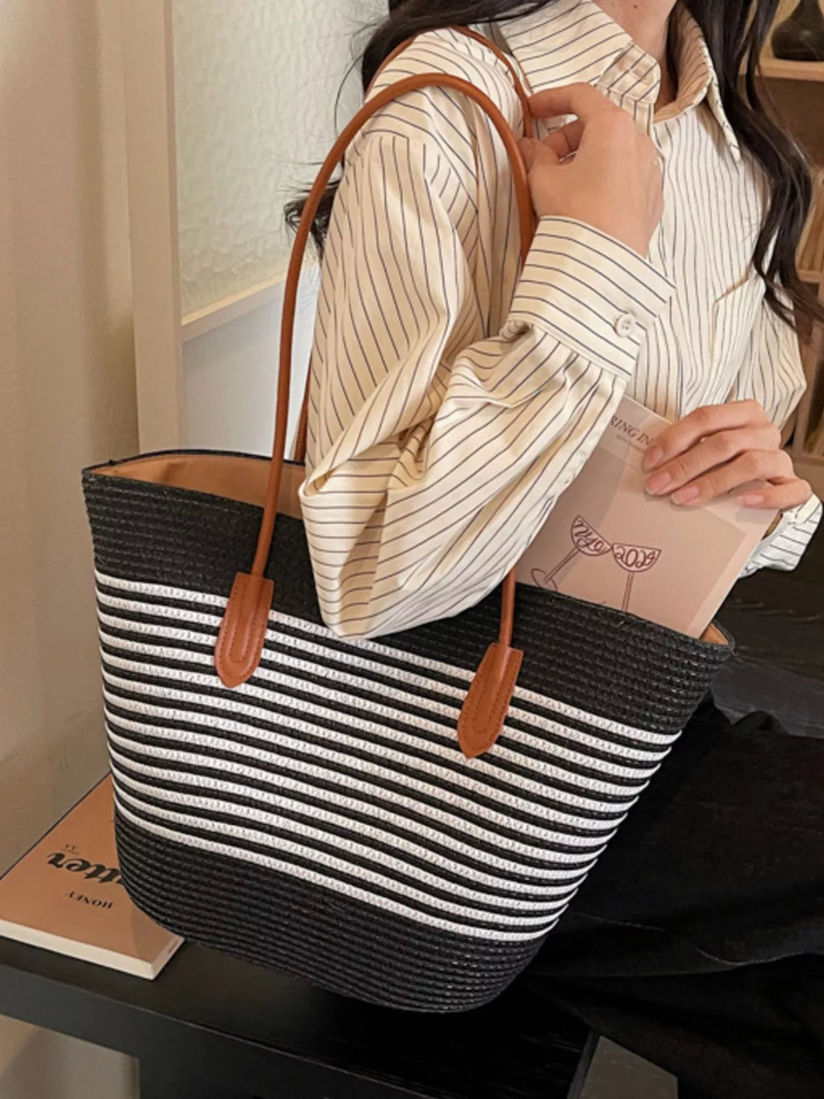 Women's Striped Woven Shoulder Bag