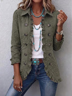 Women's Pleated Ruffle Office Blazer - Army Green Embroidered