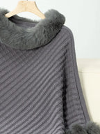 Women's 3/4 Sleeve Poncho with Faux Fur Trim Textured Cape