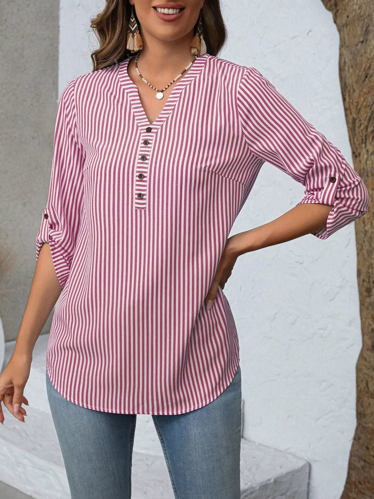 Women's Striped V-Neck Roll-Up Sleeve Blouse