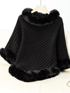 Women's 3/4 Sleeve Poncho with Faux Fur Trim Textured Cape - Black