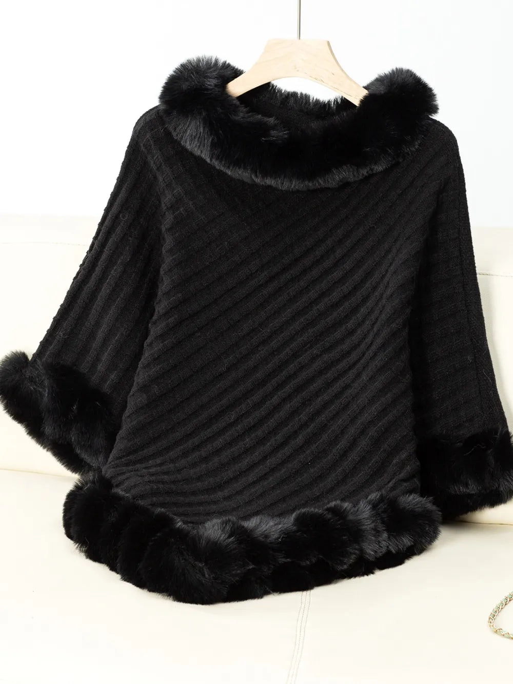 Women's 3/4 Sleeve Poncho with Faux Fur Trim Textured Cape - Black