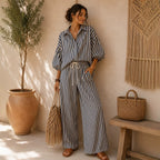Women's Striped Shirt and Pants Set - Black