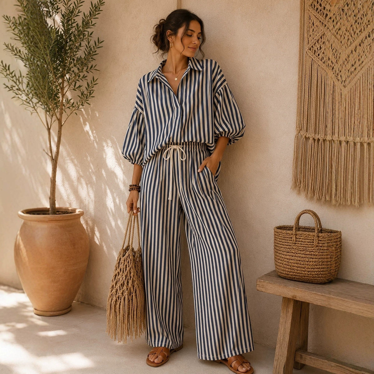 Women's Striped Shirt and Pants Set - Black