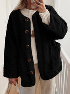 Women's Two-Tone Sherpa Button-Up Jacket with Pockets - Black