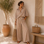 Women's Striped Shirt and Pants Set - Khaki