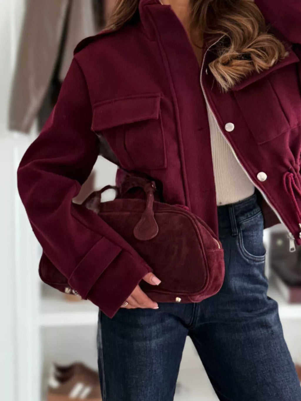 Women's Lightweight Casual Button-Up Jacket with Drawstring