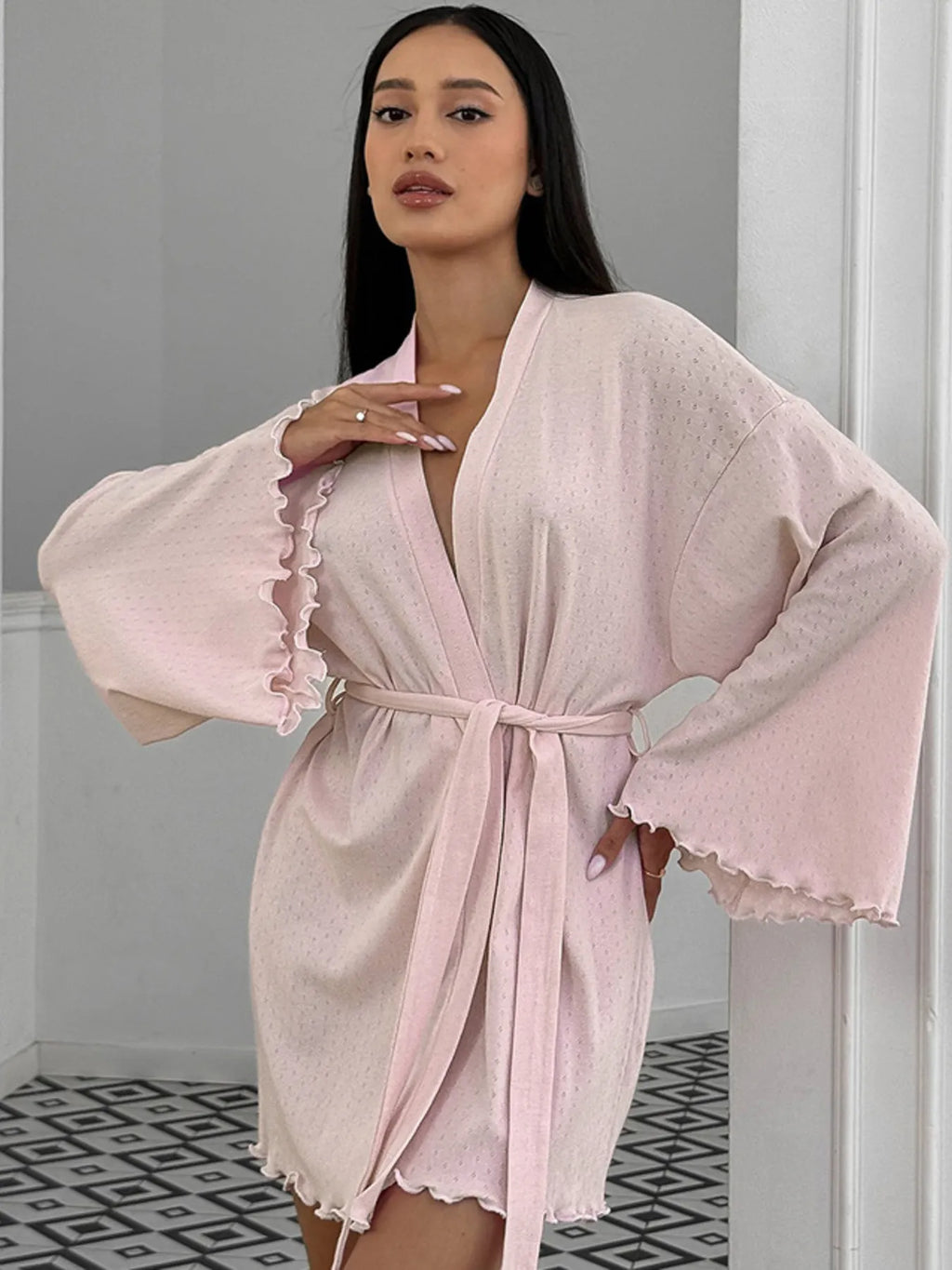 Women's Wide Sleeve Kimono Robe with Adjustable Belt - Powder Pink