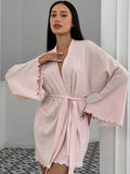 Women's Wide Sleeve Kimono Robe with Adjustable Belt - Powder Pink