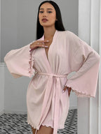Women's Wide Sleeve Kimono Robe with Adjustable Belt - Powder Pink