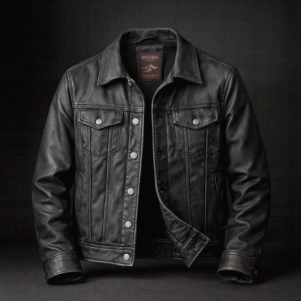 Men's Faux Leather Jacket with Retro Lapel - Black
