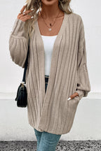 Women's Long Open Front Knit Cardigan with Pockets - Khaki