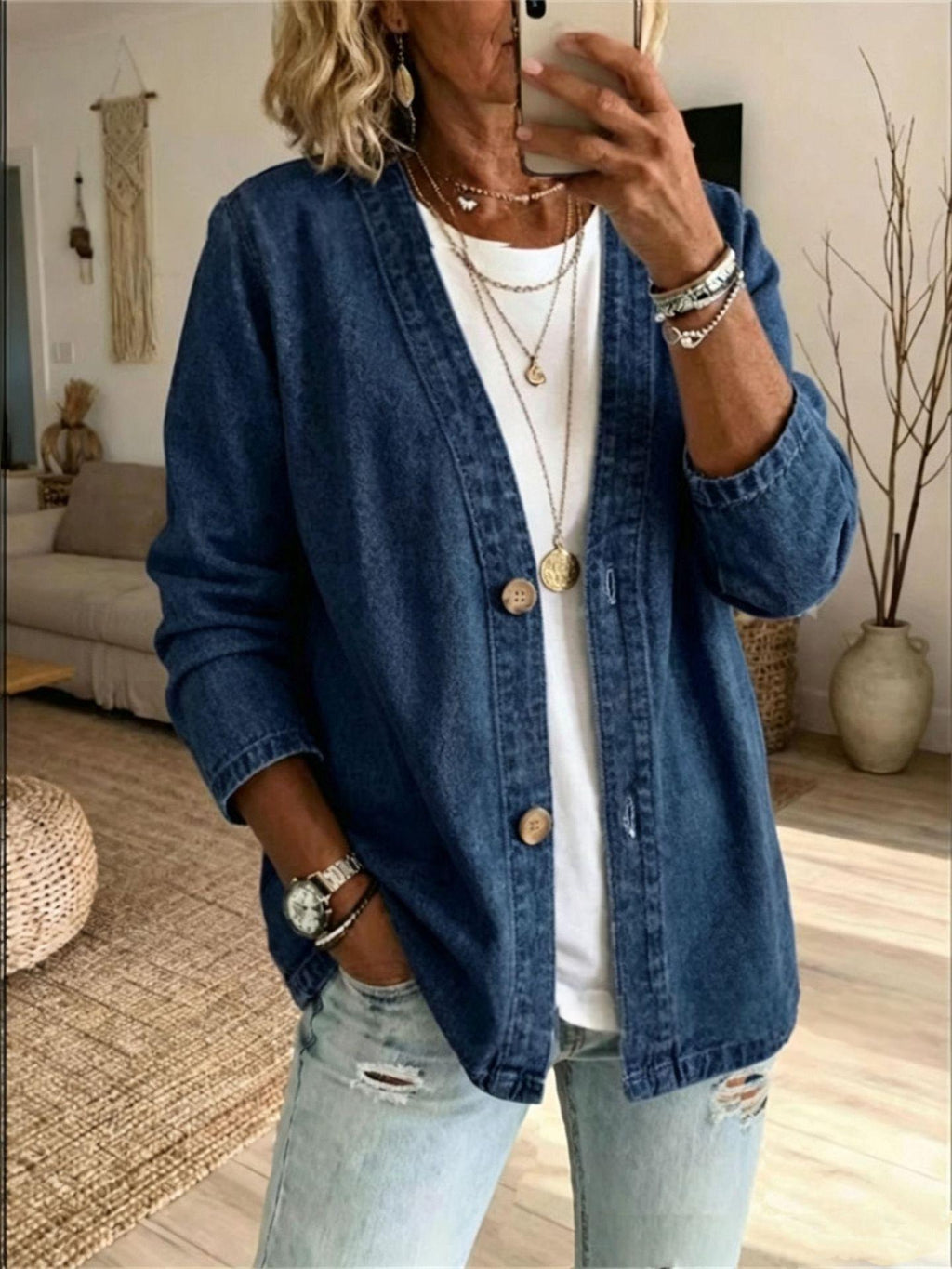 Women's Casual Denim Cardigan Jacket - Dark Blue
