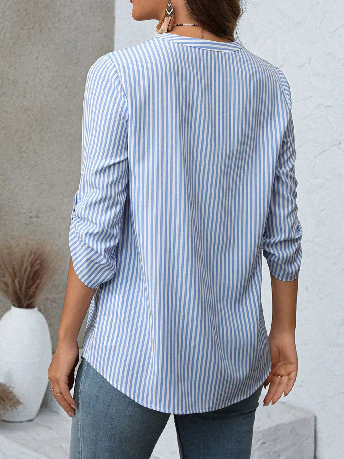 Women's Striped V-Neck Roll-Up Sleeve Blouse