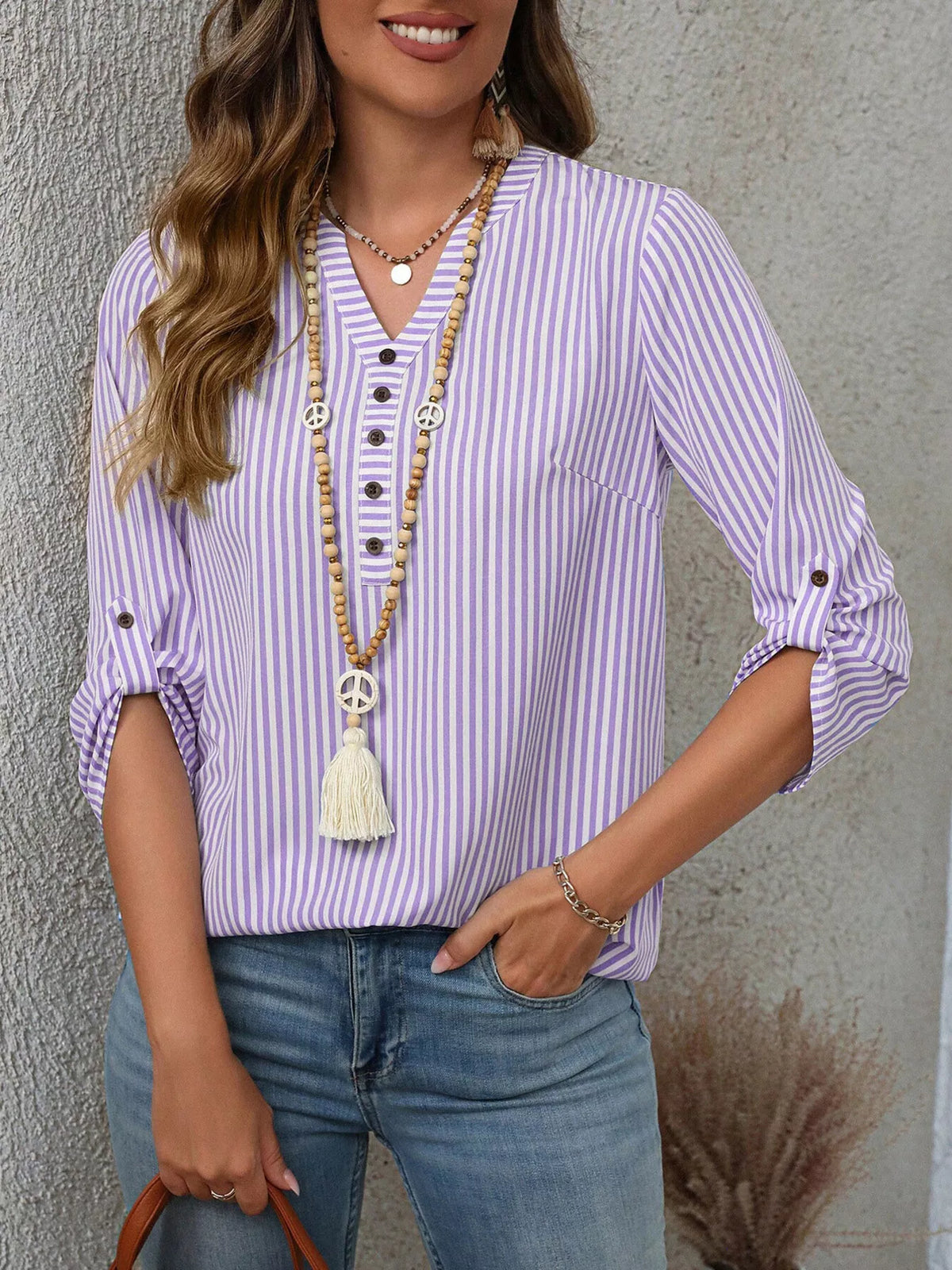 Women's Striped V-Neck Roll-Up Sleeve Blouse - Purple
