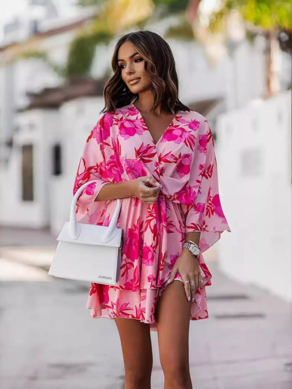 Women's Printed Tiered Wrap Mini Dress - Hot Pink