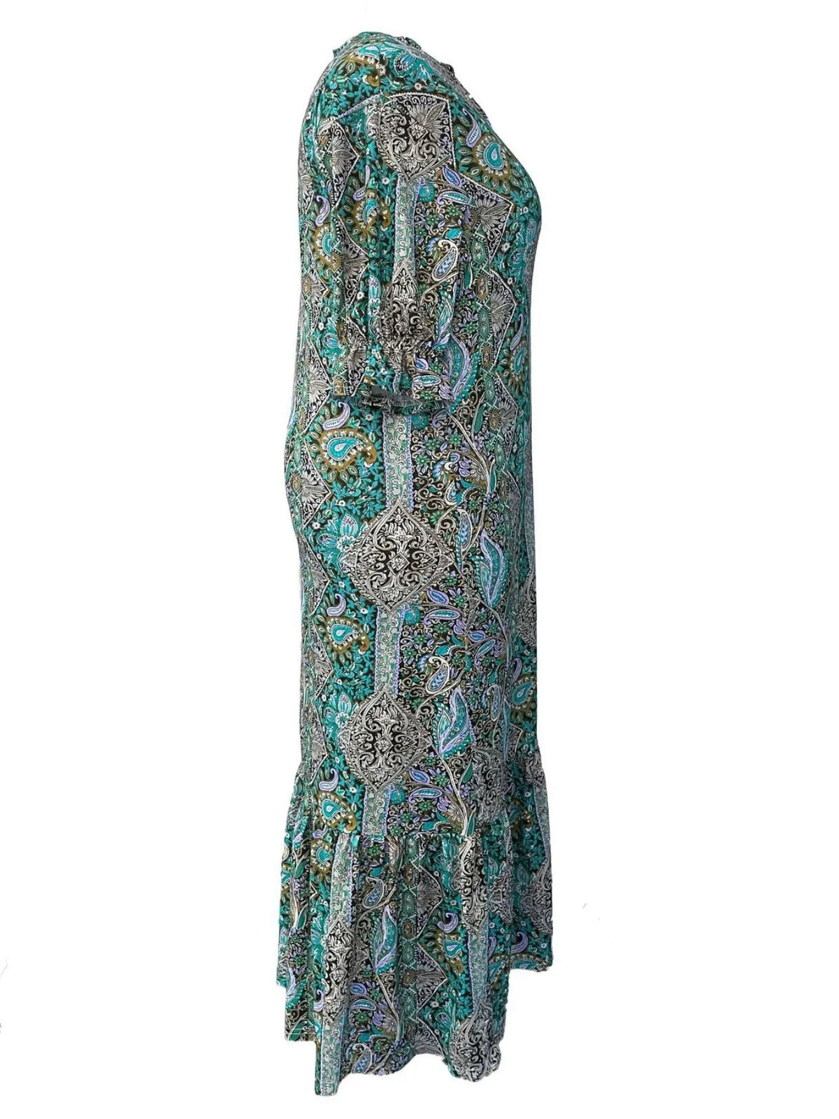 Women's Boho Paisley Midi Dress with Ruffle Hem