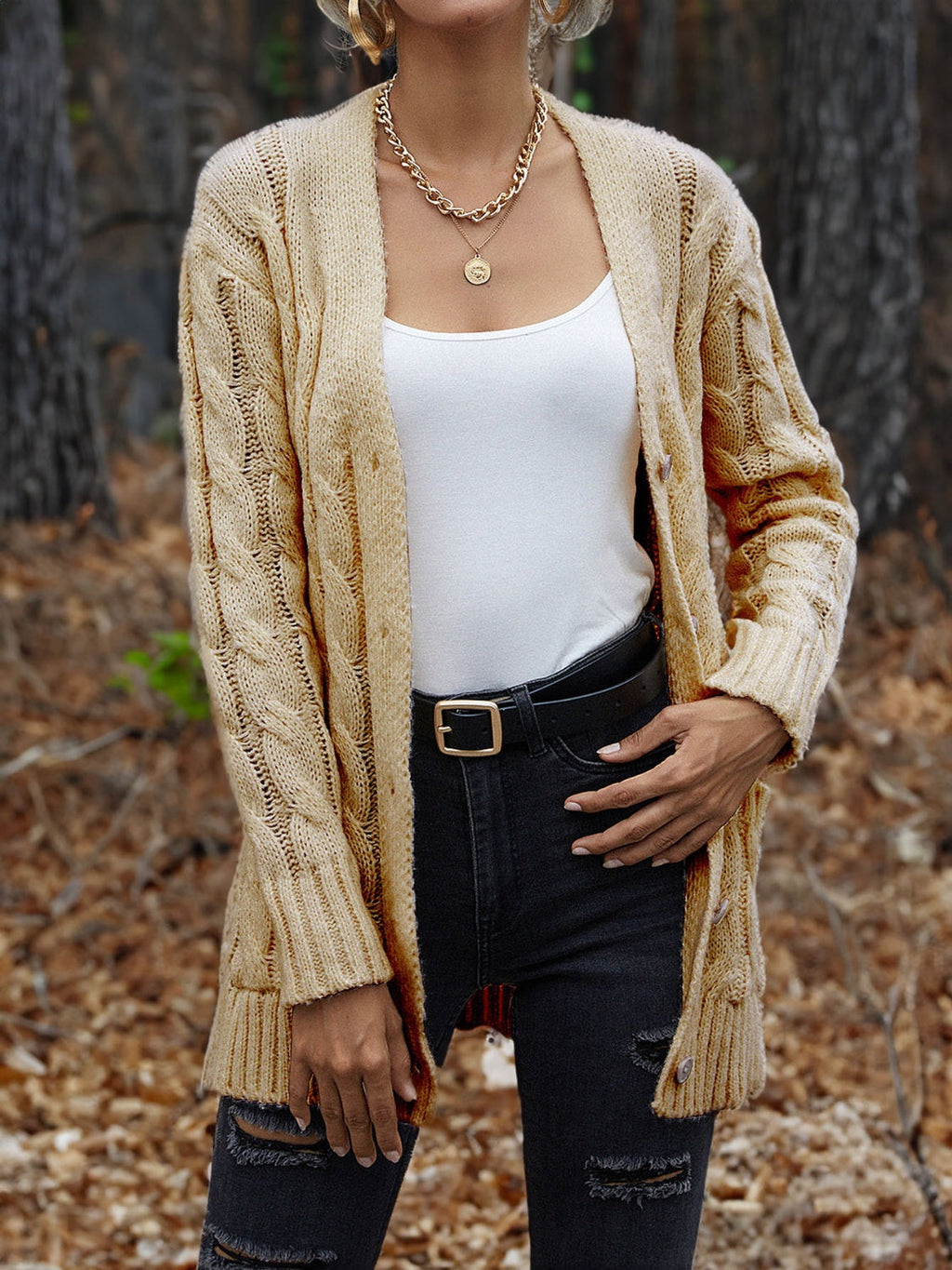 Women's Chunky Cable Knit Button-Up Cardigan - Yellow