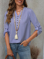 Women's Striped V-Neck Roll-Up Sleeve Blouse - Dark Blue Stripe