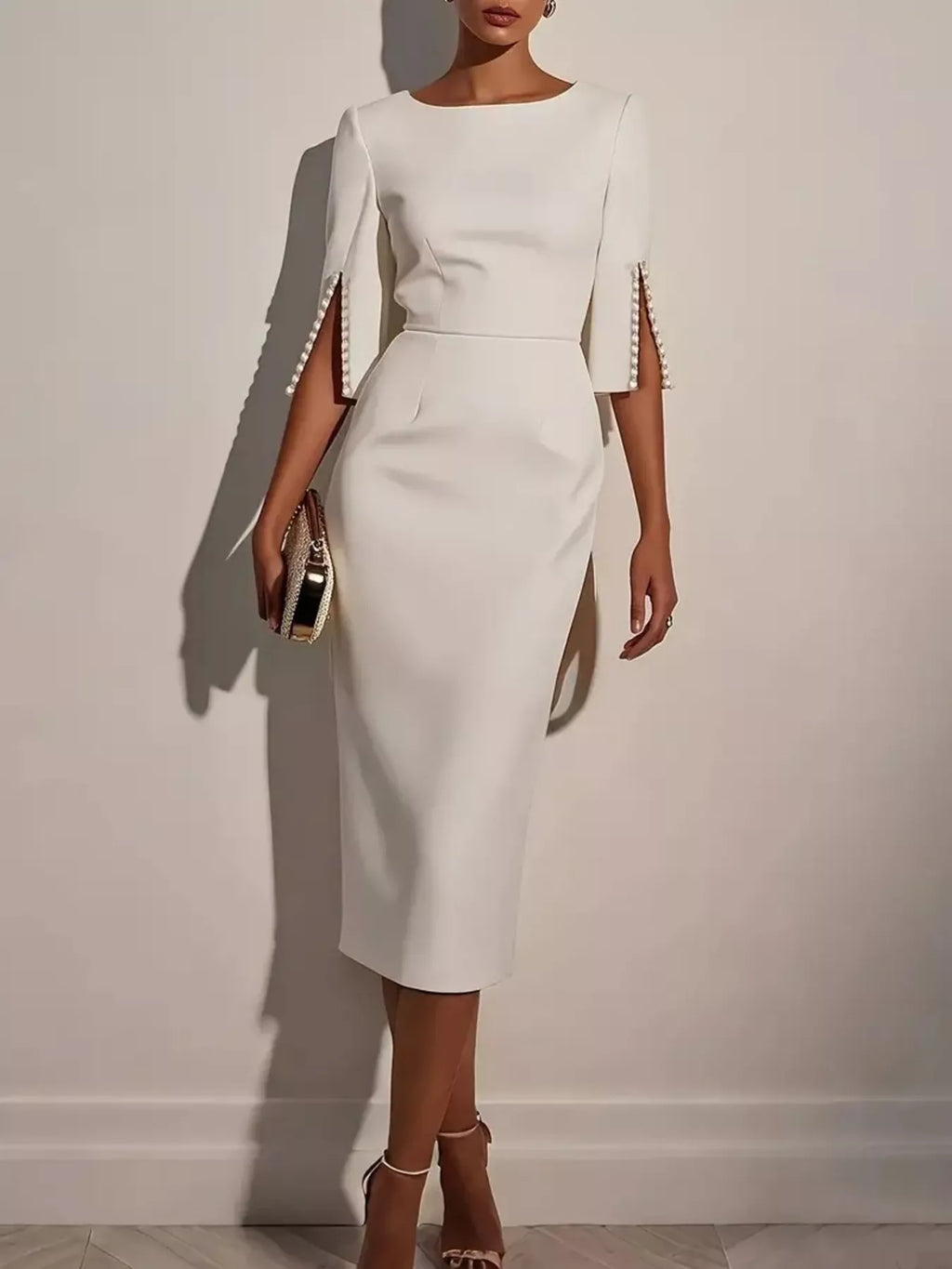 Women's Elegant Fitted Midi Dress with Beaded Open Sleeves - White