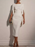 Women's Elegant Fitted Midi Dress with Beaded Open Sleeves - White