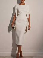 Women's Elegant Fitted Midi Dress with Beaded Open Sleeves - White