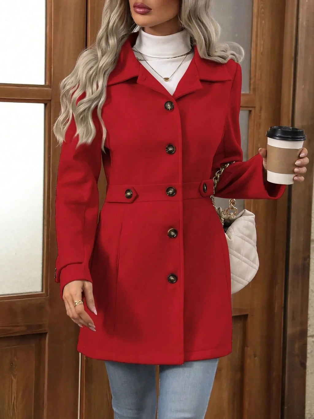 Women's Elegant Long Button-Up Coat - Red