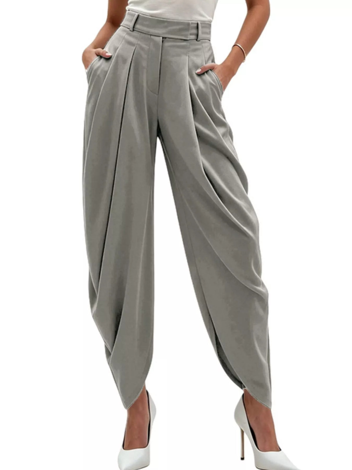 Women's High-Rise Flowy Wide-Leg Pants - Light Gray