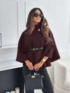 Women's Turtleneck Wool Poncho with Belt - Brick Brown