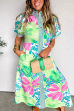 Women's Floral Button-Front Midi Dress with Puff Sleeves